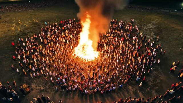 Crowd gathered around large flames casting shadows in open field at night, Flames casting shadows in large crowd in field high, drone shot