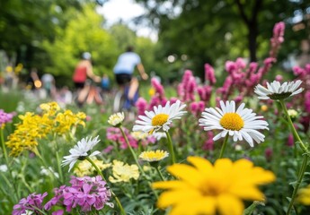 Fototapeta premium Vibrant Garden Scene with Colorful Flowers and People Cycling in a Lush Park During a Bright Sunny Day