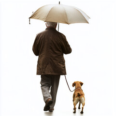 An elderly man walks his dog under an umbrella on a rainy day, both isolated against a bright white background. Isolated, cut out.