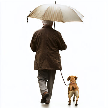 An elderly man walks his dog under an umbrella on a rainy day, both isolated against a bright white background. Isolated, cut out.