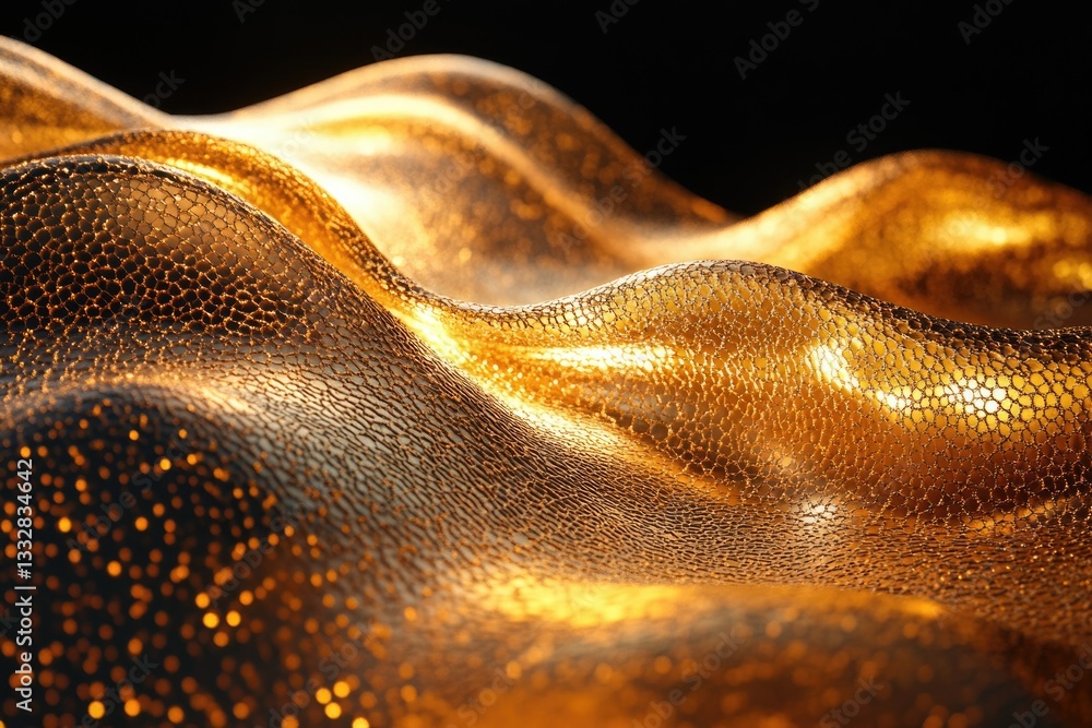 Poster Golden textured surface with undulating waves, shimmering with light.