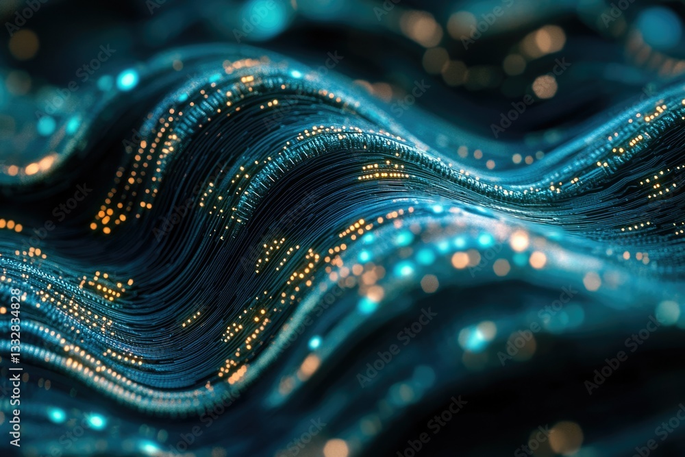 Aufkleber Abstract digital wave of data streams, glowing with teal and gold highlights, representing the flow of information.