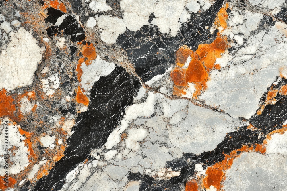 Poster abstract marble texture with black, white, grey, and orange veins, creating a unique and striking pa