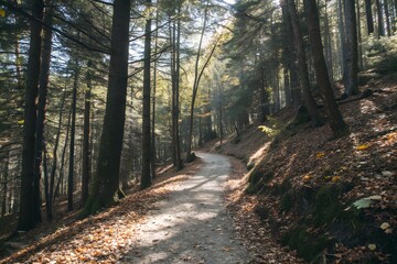 Obraz premium A mountain trail leading through a dense forest.