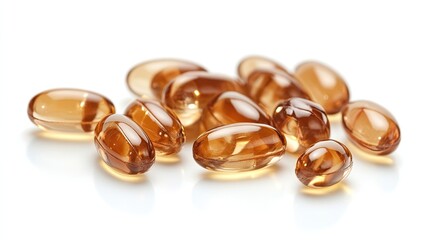 Daily vitamins on white background, light brown capsules isolated