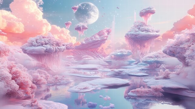Surreal fantasy landscape with floating islands and dreamy pink clouds under a full moon