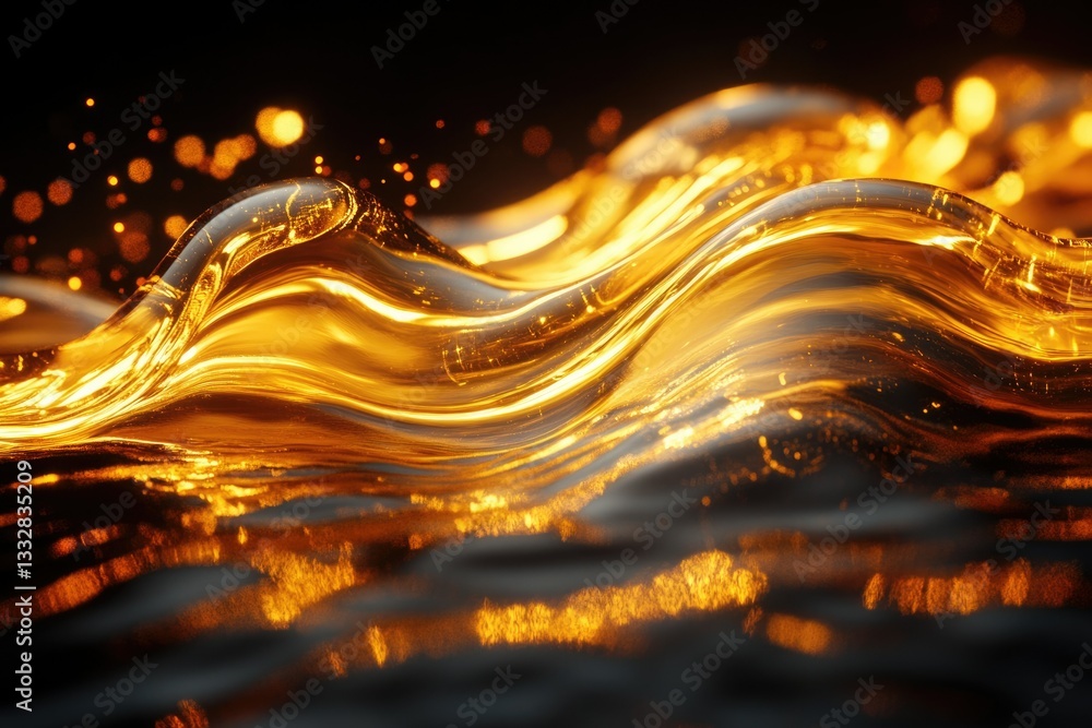Poster Golden liquid flowing in waves, illuminated with sparkling lights, creating a luxurious and elegant visual.