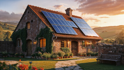Obraz premium Old English style house with solar panels on the roof. living in nature away from the city.