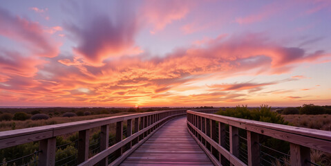 Wooden boardwalk at sunset with vibrant pink and orange sky for travel blogs, nature websites, relaxation content, inspirational quotes, meditation apps, and wellness social media posts