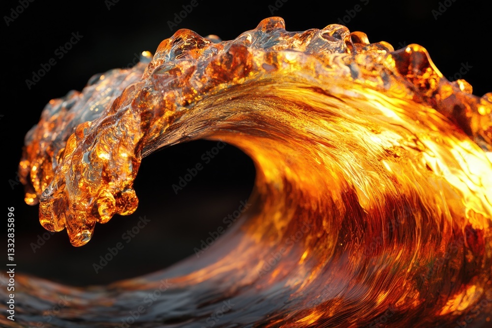 Poster a fiery amber wave crashes, its translucent form glistening with light and shadow, a mesmerizing spe