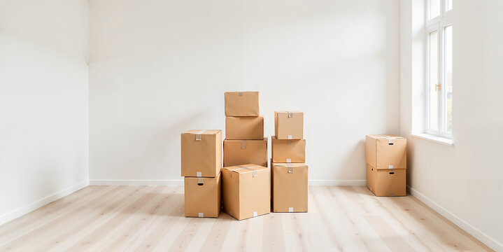 Stacked cardboard boxes in empty bright room for moving blogs, real estate websites, relocation services, home organization content, and minimalist lifestyle imagery