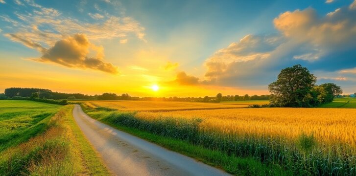 Beautiful summer landscape with sunset, a golden wheat field, and green grass along the road