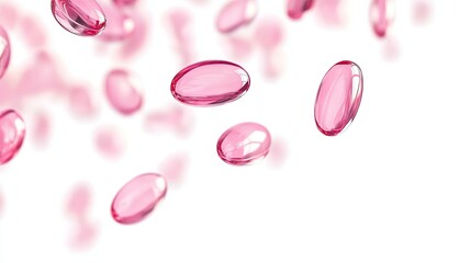 Falling pink gel capsules on white background, pharmacy theme