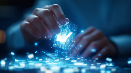 Man's finger touches digital check mark hologram above floating files and documents digital hologram, check mark, floating documents, man touch, file verification, digital files, t