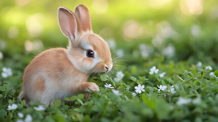 Fototapeta premium A baby rabbit is eating grass in a field.