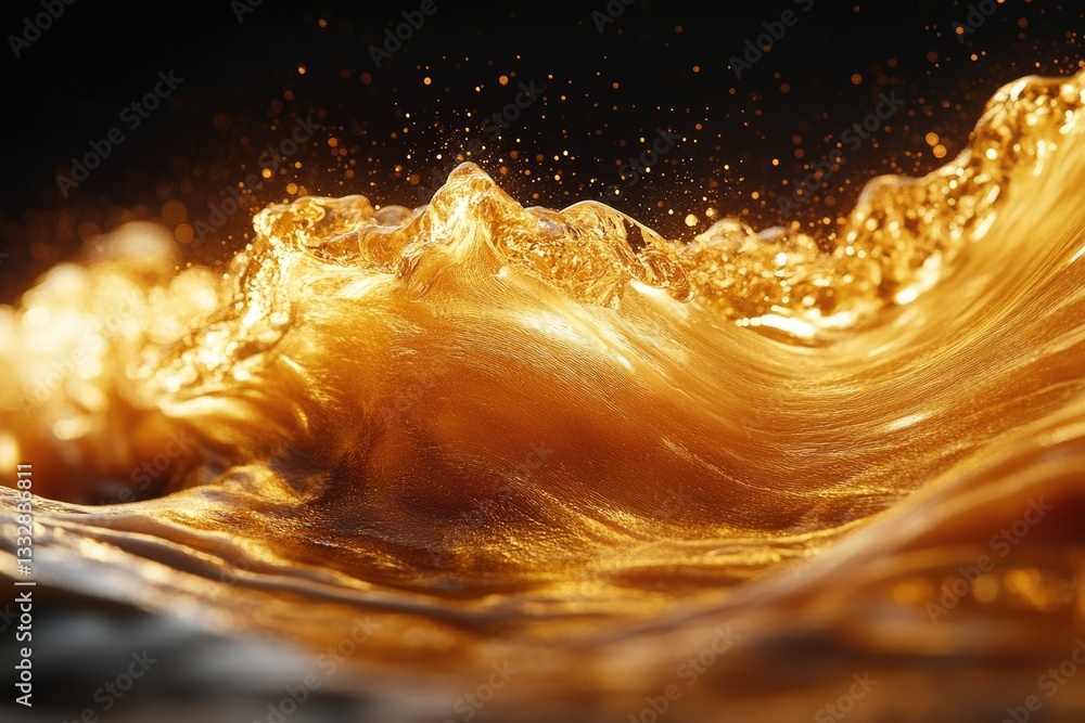 Poster Golden liquid wave, shimmering and textured, with dynamic splashes and droplets.