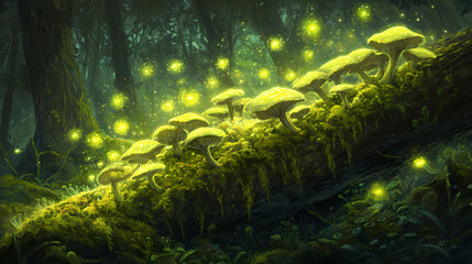 Fototapeta premium Enchanted forest scene featuring vibrant green mushrooms clustered on a moss-covered log, with ethereal glowing spores floating in the air. a magical, mystical atmosphere. Mystic Spores. Illustration
