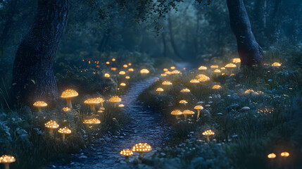 Enchanting glowing fungi forest path at night. Mystic Spores. Illustration