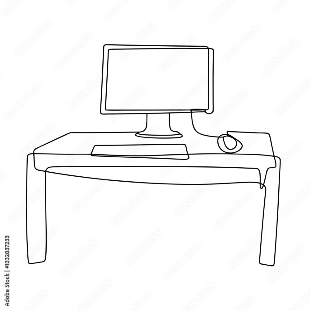 Poster single line drawing of computer desk, minimalist workspace setup