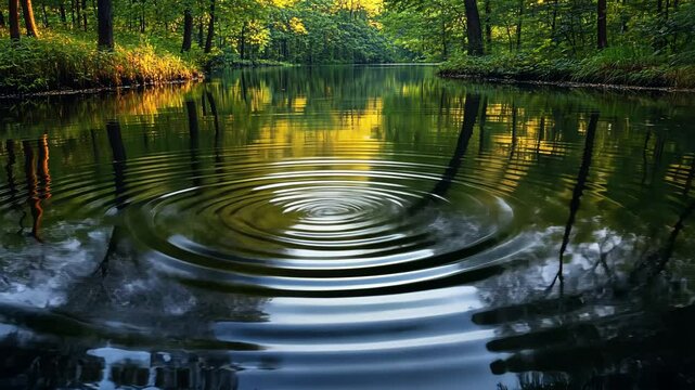 Tranquil ripples on a forest lake: nature's soothing symphony of water and light