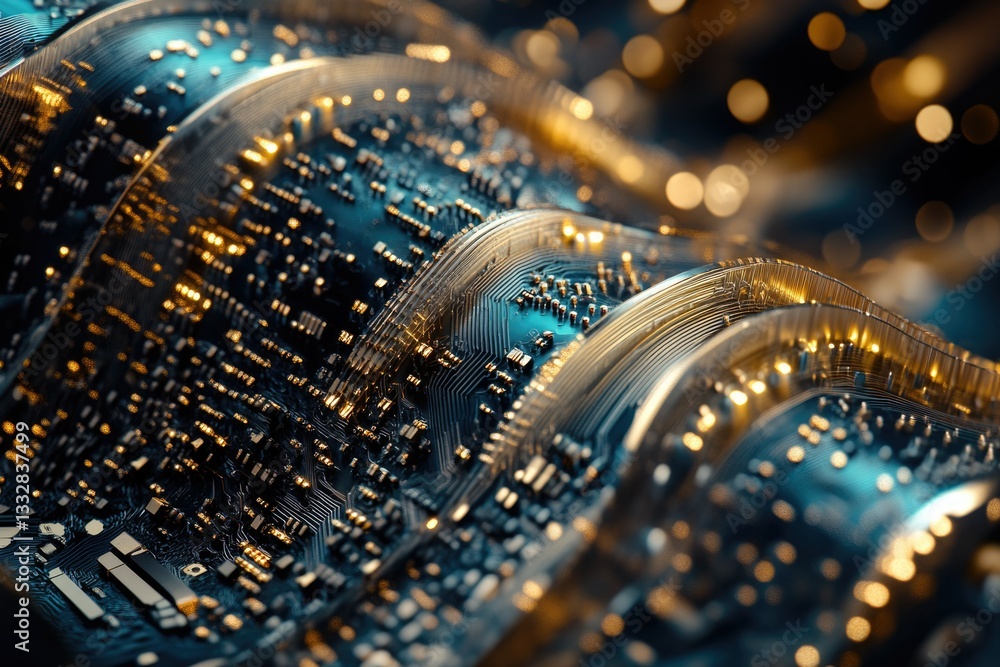 Poster Abstract close-up of a circuit board, showcasing intricate patterns and glowing gold accents.
