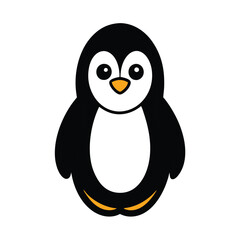 A simple, cute cartoon penguin. Black body, white belly, orange beak and feet. Facing forward, minimalist design. Ideal for childrens books or logos.