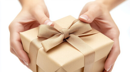 Hands tying a bow on gift box - celebration and gifting concept