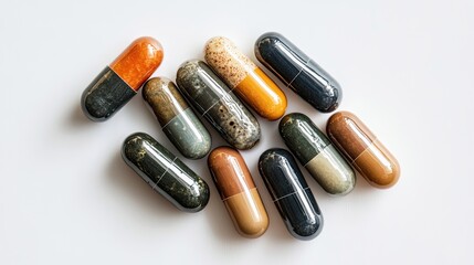Handful of assorted capsules on white background