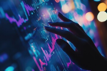 A hand interacts with a vibrant digital screen displaying dynamic financial charts and data visualizations.