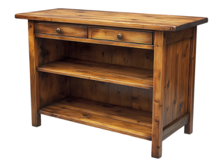 Rustic wooden console table with two drawers and open shelving.  Perfect for entryways, living rooms, or as a media console.