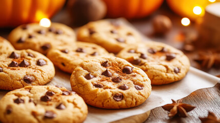 Delicious pumpkin spice cookies with chocolate and autumn decor