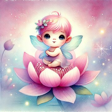 Ein zauberhaftes Aquarell zeigt ein winziges Feenbaby mit zarten Fl&uuml;geln, rosa Haaren und gro&szlig;en, leuchtenden Augen. Es sitzt vertr&auml;umt auf einer bl&uuml;henden Lotusblume im magischen Licht
