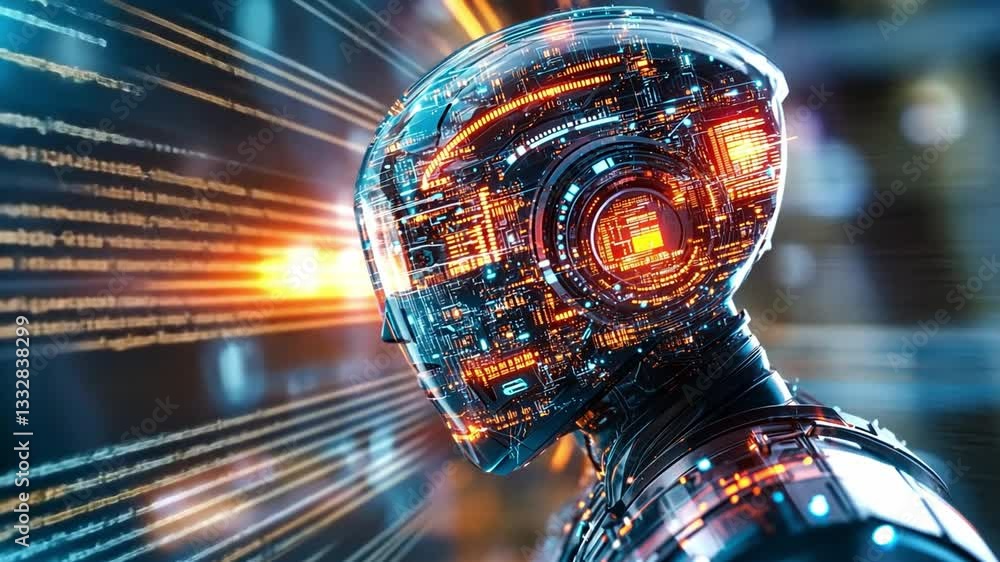 Aufkleber advanced artificial intelligence robot head with glowing circuits in a futuristic setting