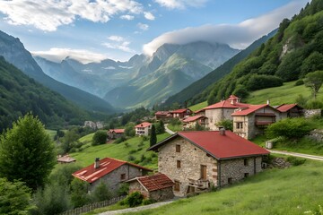 Fototapeta premium A mountain village nestled in the valley below.