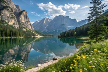 A mountain lake surrounded by towering peaks.
