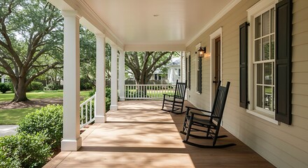 Charming Southern Front Porch with Black Rocking Chairs and a Relaxed Ambiance