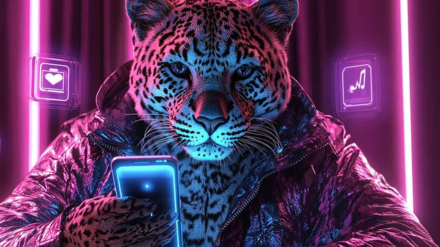 Neon tiger interacting with technology in futuristic urban environment