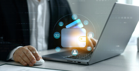 Online banking, financial, smart technology and E-wallet.Bank manager using laptop to connect...