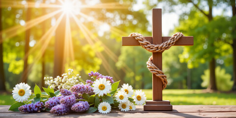 Christian cross in sunlit garden with spring flowers for religious websites, memorial services, Easter celebrations, and faith-based content