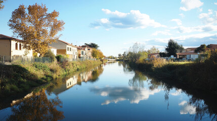 Fototapeta premium Scenic Views and Tranquil Atmosphere Natural Beauty: The sight of a flowing river through a village creates a tranquil and picturesque view. 