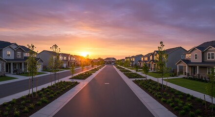 Fototapeta premium Scenic Street View of a New Construction Neighborhood with Spacious Landscaped Homes, Yards, and Sidewalks at Sunset, Featuring Ample Copy Space