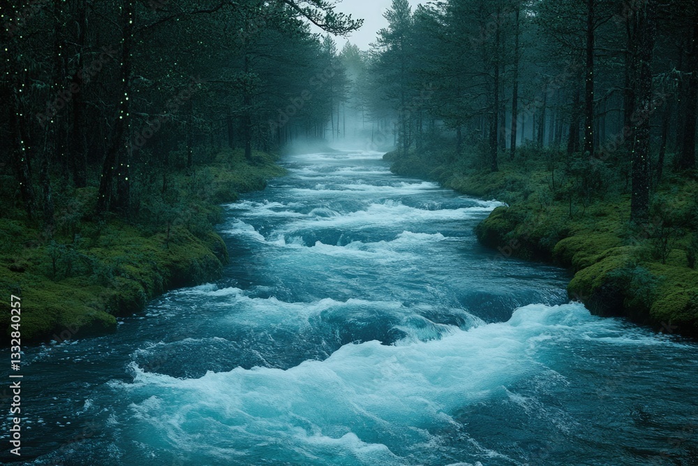 Poster A serene river flows through a misty forest, creating a magical and tranquil scene.