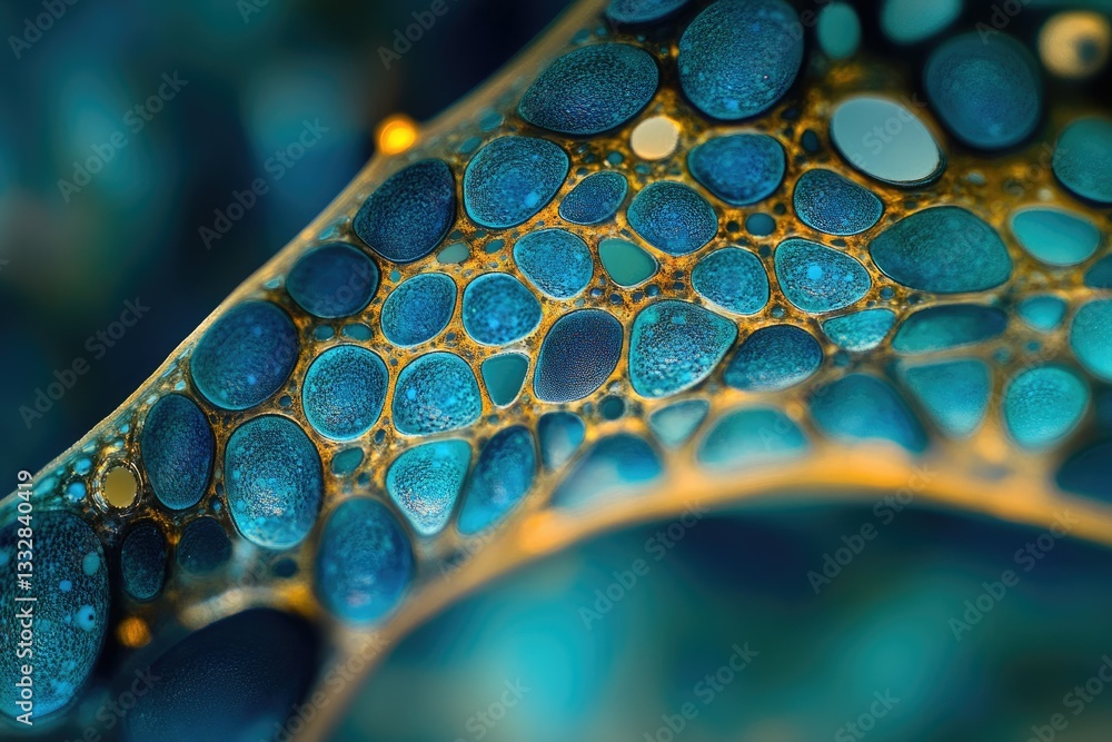 Poster abstract close-up of a vibrant blue and gold organic structure resembling cells or a microscopic org