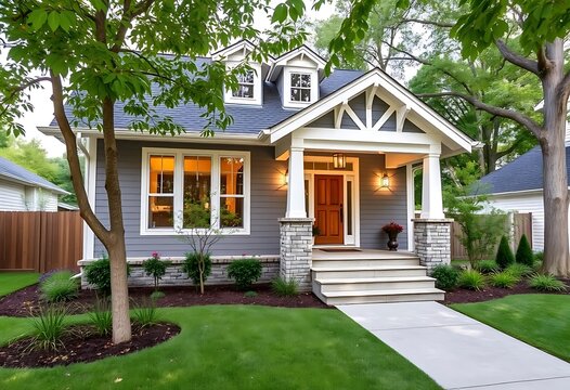 Modern Gray Cottage-Style Home with Hardie Board Siding, Teal Front Door, and Inviting Curb Appeal