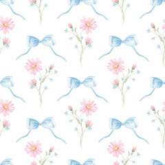 Spring seamless pattern, watercolor. Texture. Small spring flowers. Blooming. Summer. Pink, blue. Home textile, tablecloth. Print for fabric. Floral pattern.