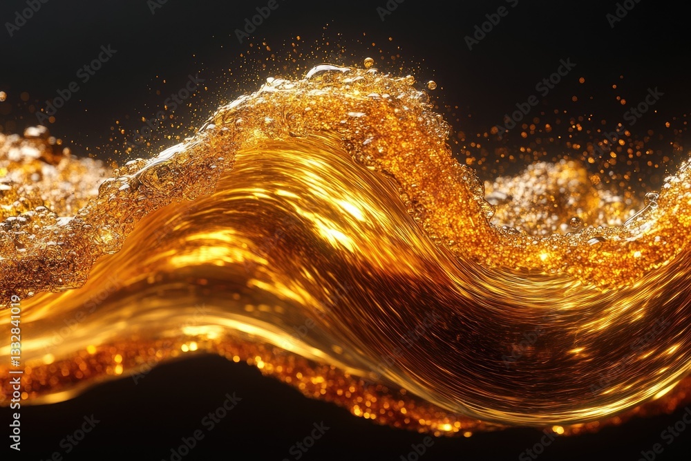 Poster a wave of golden liquid, bubbling and flowing, illuminated against a dark background.