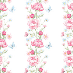 Seamless pattern of peonies. Watercolor pink peonies. Home textile. Print for fabric. Scrapbooking. Fabric. Delicate floral pattern, spring. May. Peonies blooming.