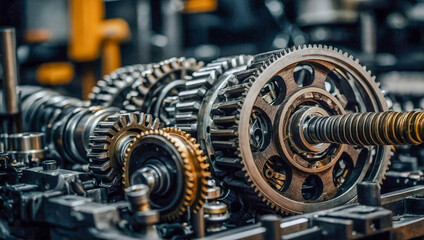 Fototapeta premium Close-up of intricate engine components like gears and camshafts