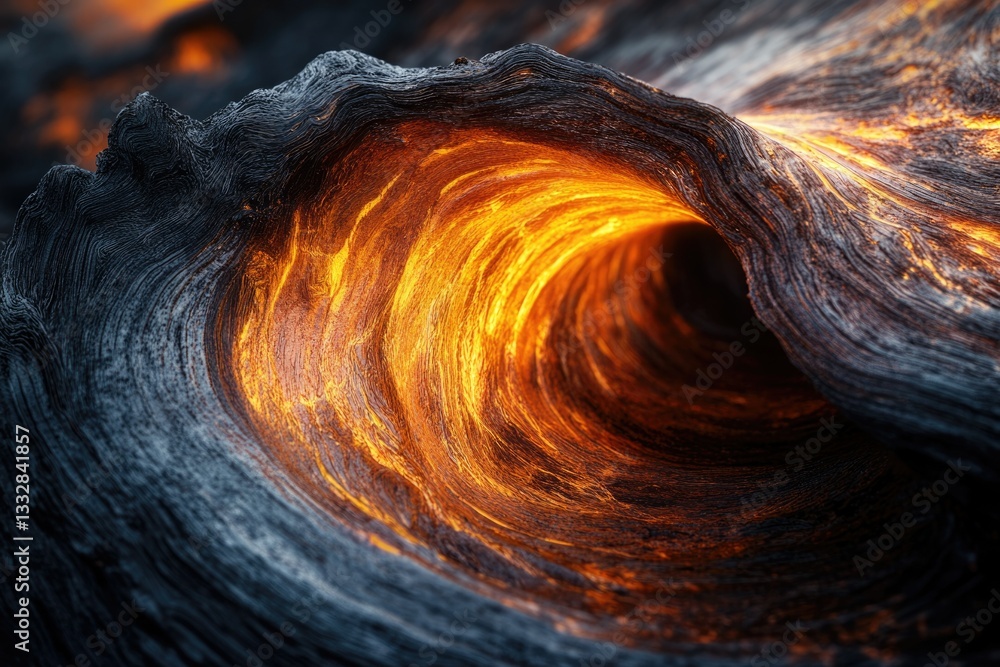 Poster molten lava flows within a dark, hardened lava tube, creating a mesmerizing natural tunnel.