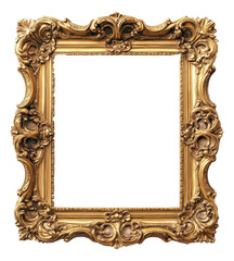 Ornate gold frame image. Decorative border. Isolated picture frame. Transparent png background. Antique style. Empty golden border. Elegant frame detail. Ornament design. Blank picture space.